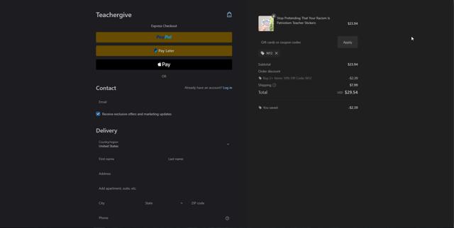 Teachergive checkout page showing Teachergive coupon code box | Screenshot taken by SimplyCodes community member on Jul 27, 2025