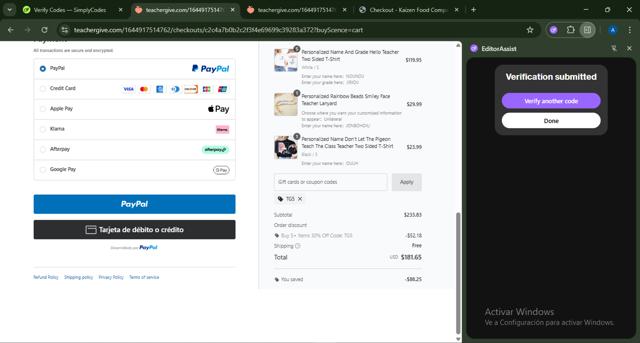 Teachergive checkout page showing Teachergive coupon code box | Screenshot taken by SimplyCodes community member on Jul 27, 2025