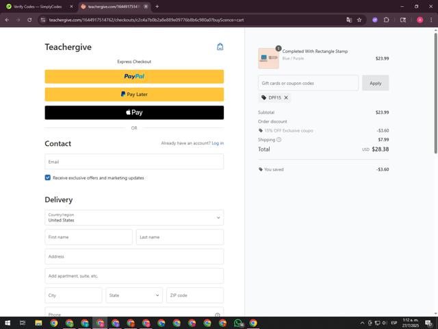 Teachergive checkout page showing Teachergive coupon code box | Screenshot taken by SimplyCodes community member on Jul 27, 2025
