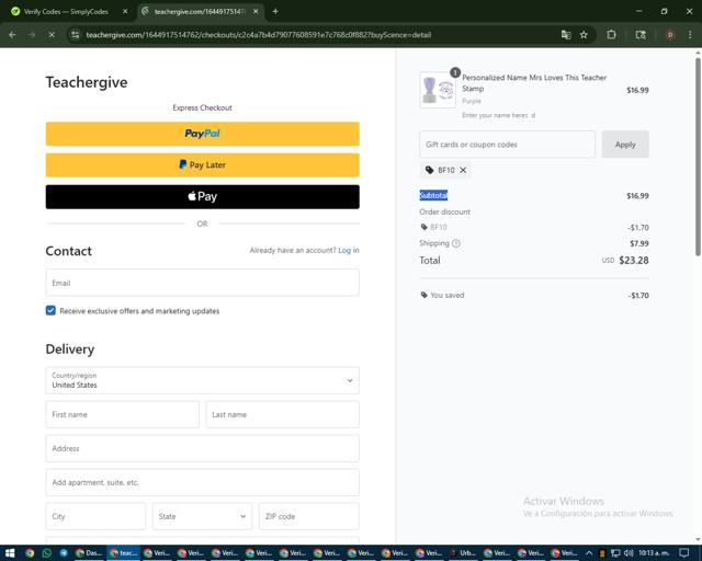 Teachergive checkout page showing Teachergive coupon code box | Screenshot taken by SimplyCodes community member on Aug 25, 2025