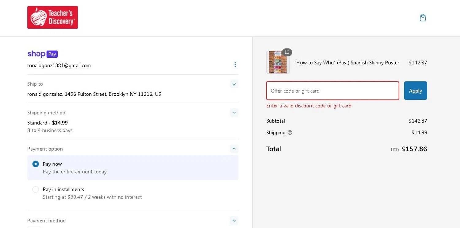 Teacher's Discovery promo code screenshot showing code FLANGOO23 applied at Teacher's Discovery checkout page. Uploaded by SimplyCodes community member SavvyHawk656 on Jan 9, 2025