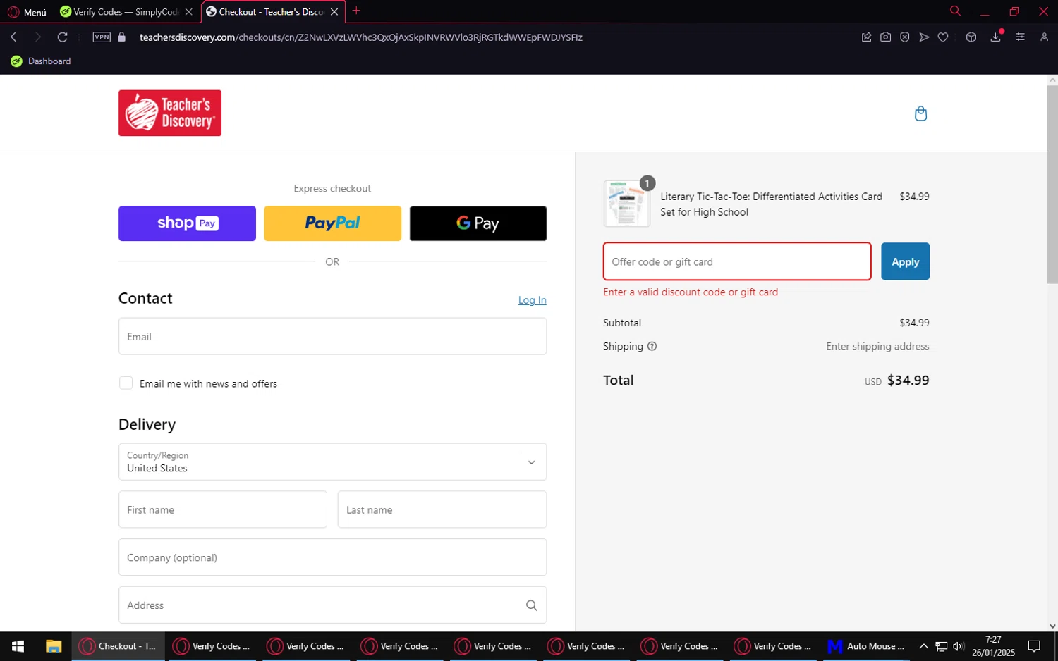 Teacher's Discovery promo code screenshot showing code SURVEY5 applied at Teacher's Discovery checkout page. Uploaded by SimplyCodes community member LuckyVirtuoso1831 on Jan 26, 2025