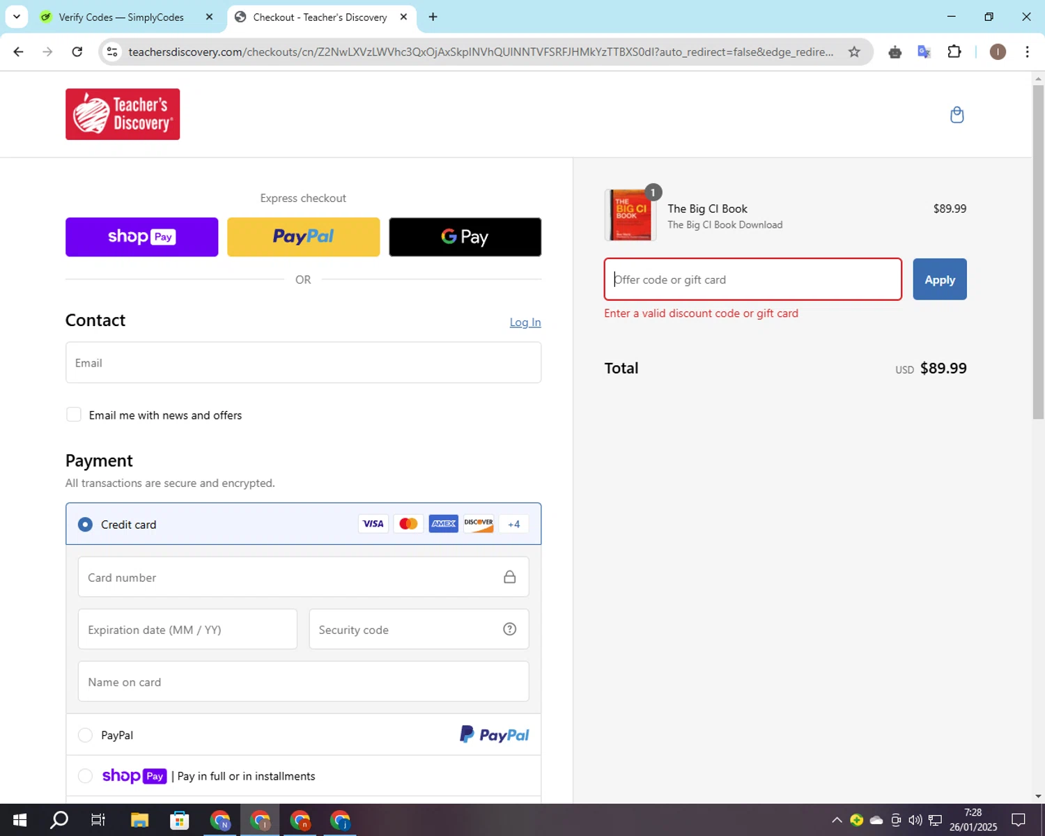 Teacher's Discovery promo code screenshot showing code SURVEY5 applied at Teacher's Discovery checkout page. Uploaded by SimplyCodes community member CashSleuth106 on Jan 26, 2025