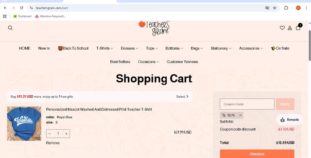 Teachersgram checkout page showing Teachersgram coupon code box | Screenshot taken by SimplyCodes community member on Aug 20, 2025
