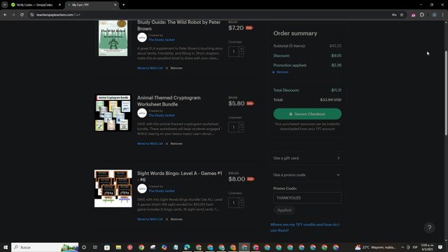 Teachers Pay Teachers checkout page showing Teachers Pay Teachers promo code box | Screenshot taken by SimplyCodes community member on May 6, 2025