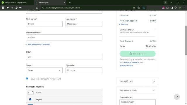 Teachers Pay Teachers checkout page showing Teachers Pay Teachers promo code box | Screenshot taken by SimplyCodes community member on May 6, 2025