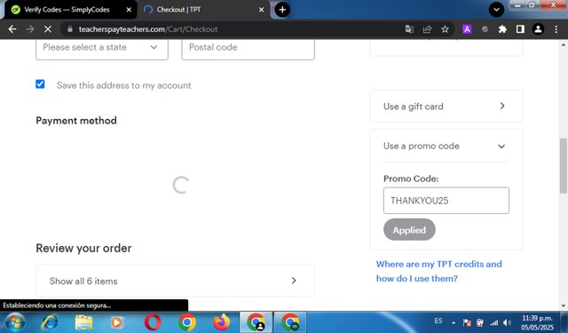 Teachers Pay Teachers checkout page showing Teachers Pay Teachers promo code box | Screenshot taken by SimplyCodes community member on May 6, 2025