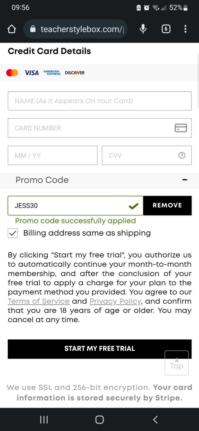 Teacher Style Box checkout page showing Teacher Style Box promo code box | Screenshot taken by SimplyCodes community member on Oct 2, 2022