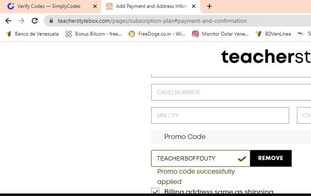 Teacher Style Box checkout page showing Teacher Style Box promo code box | Screenshot taken by SimplyCodes community member on Nov 25, 2022