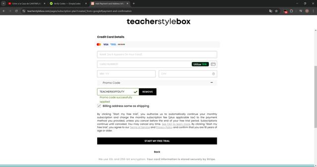 Teacher Style Box checkout page showing Teacher Style Box promo code box | Screenshot taken by SimplyCodes community member on Aug 3, 2024