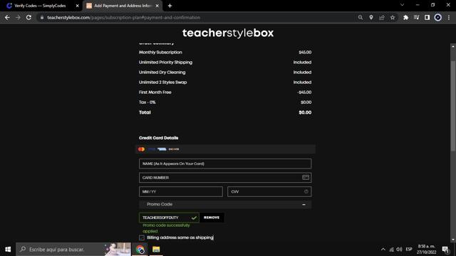 Teacher Style Box checkout page showing Teacher Style Box promo code box | Screenshot taken by SimplyCodes community member on Oct 27, 2022