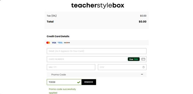 Teacher Style Box checkout page showing Teacher Style Box promo code box | Screenshot taken by SimplyCodes community member on Dec 28, 2024