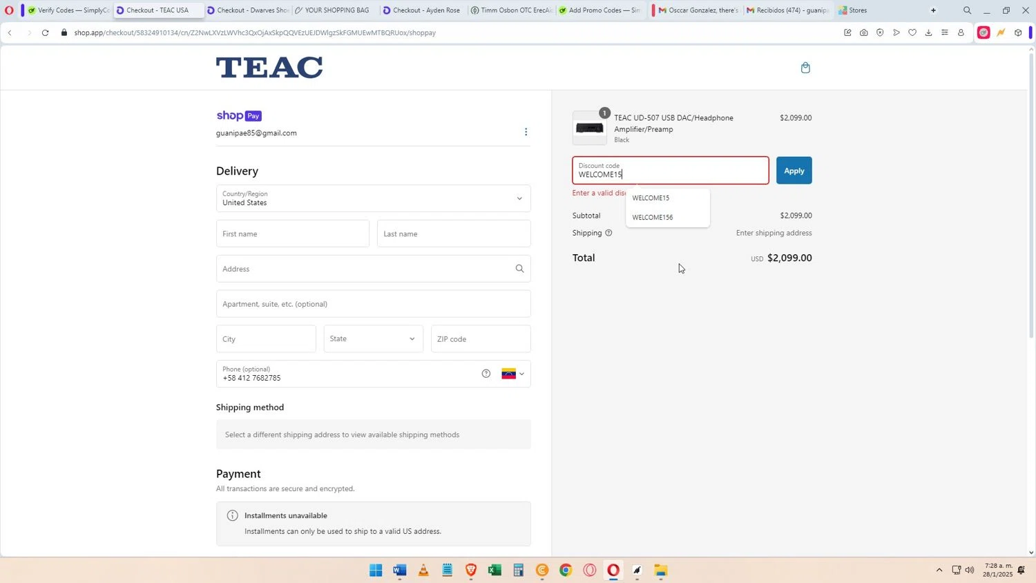 TEAC USA promo code screenshot showing code WELCOME15 applied at TEAC USA checkout page. Uploaded by SimplyCodes community member Darkosukaru on Jan 28, 2025
