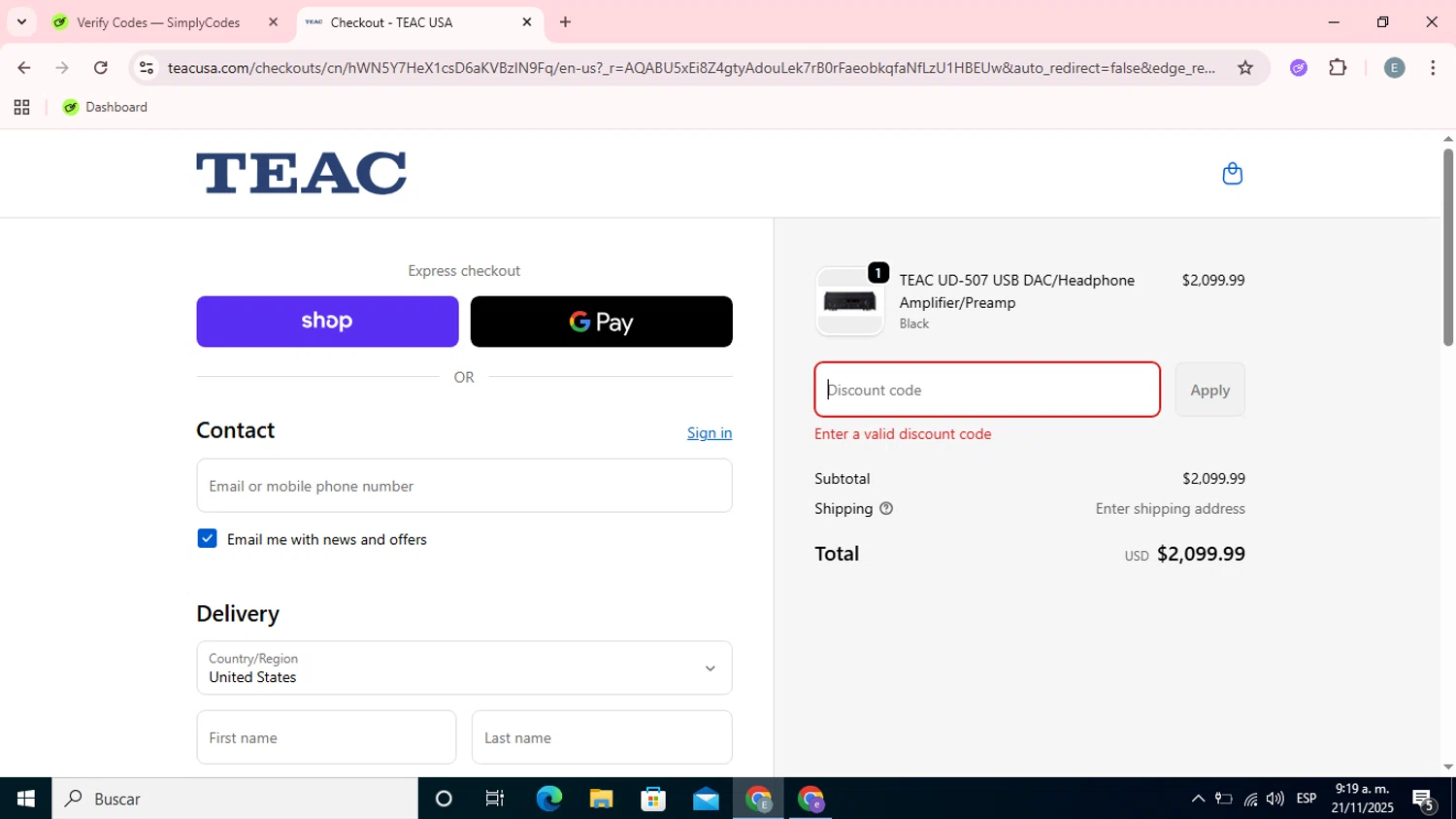 TEAC USA promo code screenshot showing code WELCOME15 applied at TEAC USA checkout page. Uploaded by SimplyCodes community member Esteban on Nov 21, 2025