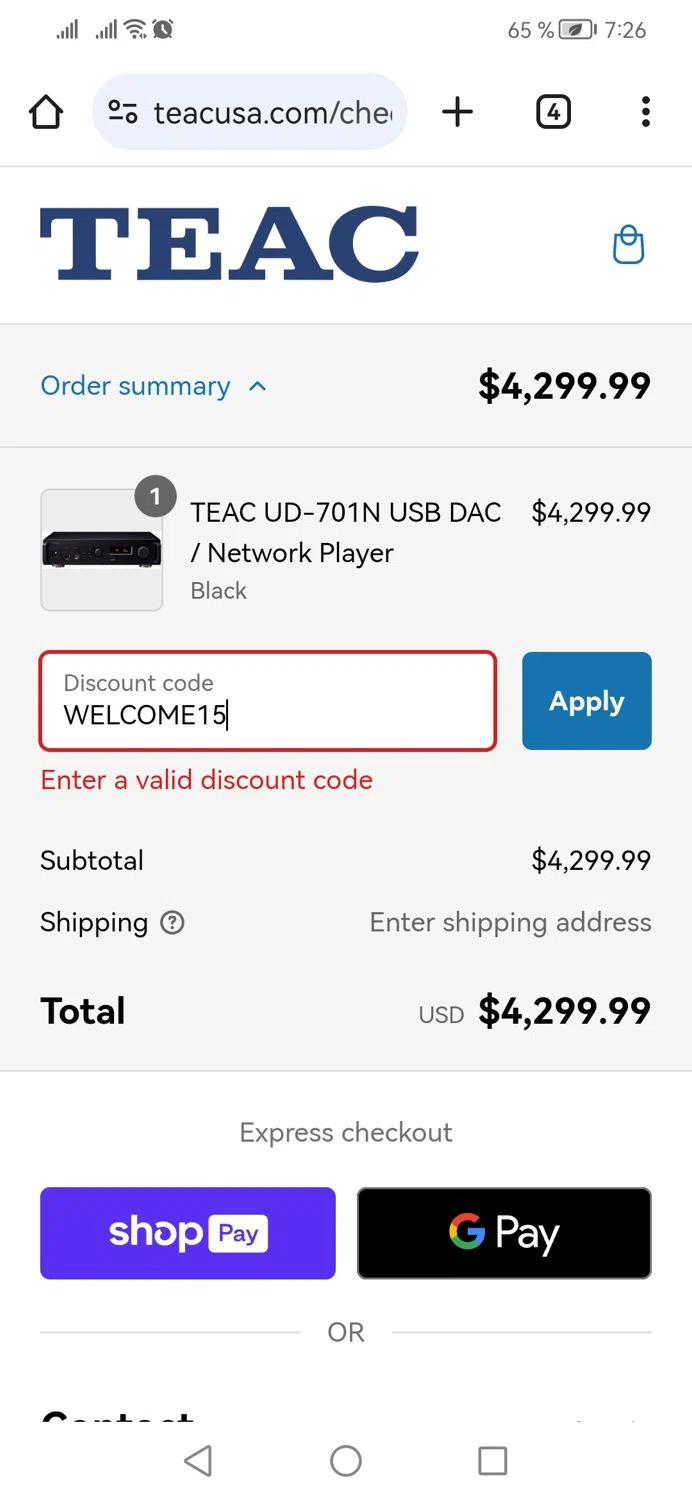 TEAC USA promo code screenshot showing code WELCOME15 applied at TEAC USA checkout page. Uploaded by SimplyCodes community member CoinPhoenix3025 on Jan 28, 2025