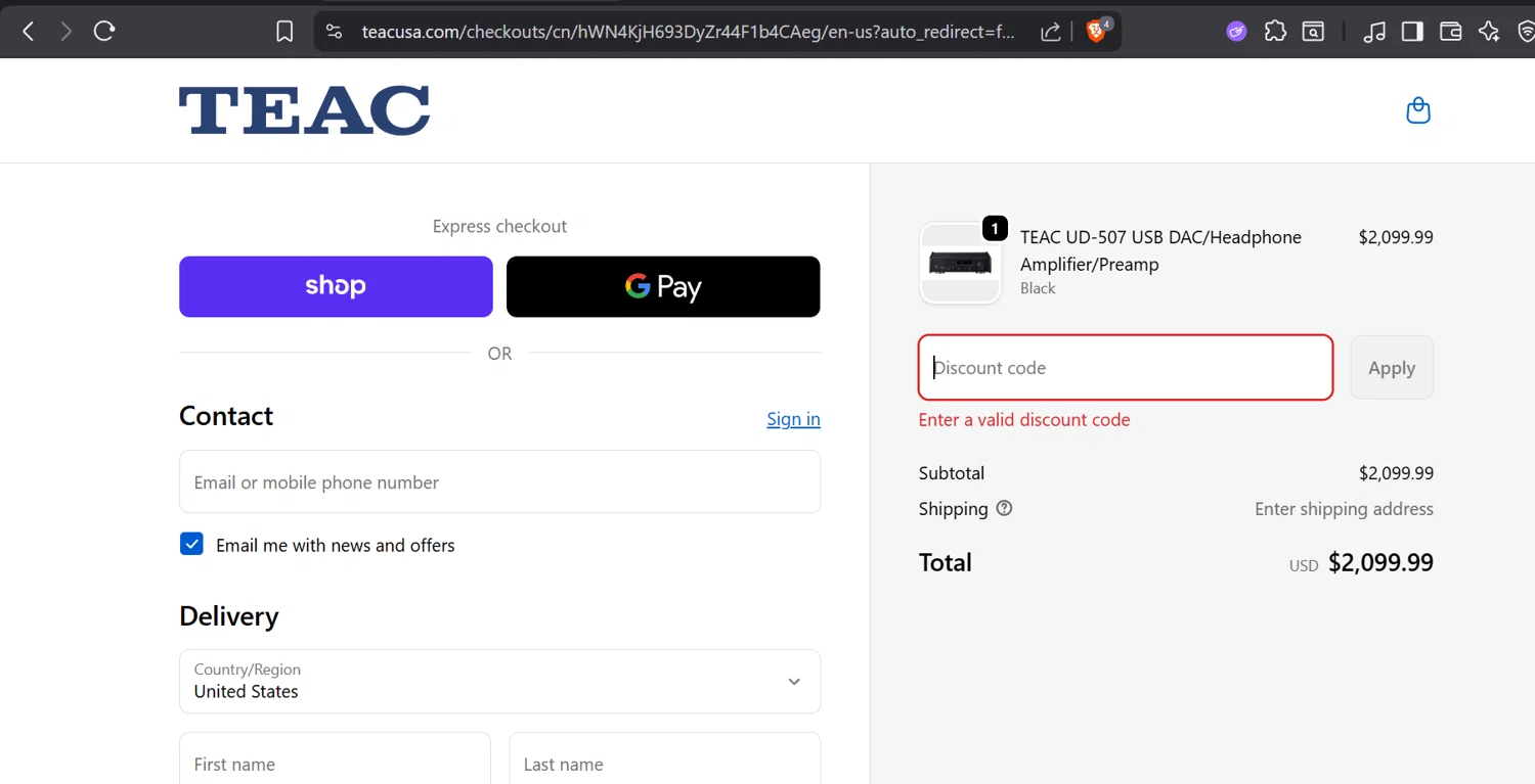 TEAC USA promo code screenshot showing code SAVE10 applied at TEAC USA checkout page. Uploaded by SimplyCodes community member GloriousTitan3094 on Oct 20, 2025