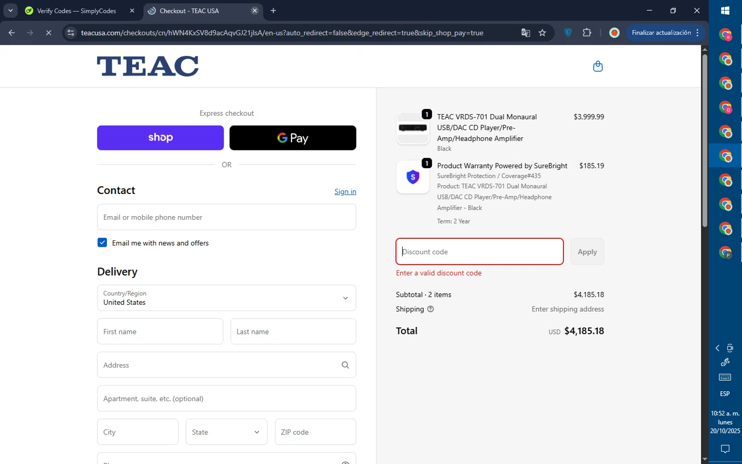 TEAC USA promo code screenshot showing code SAVE10 applied at TEAC USA checkout page. Uploaded by SimplyCodes community member GoldPilot5958 on Oct 20, 2025