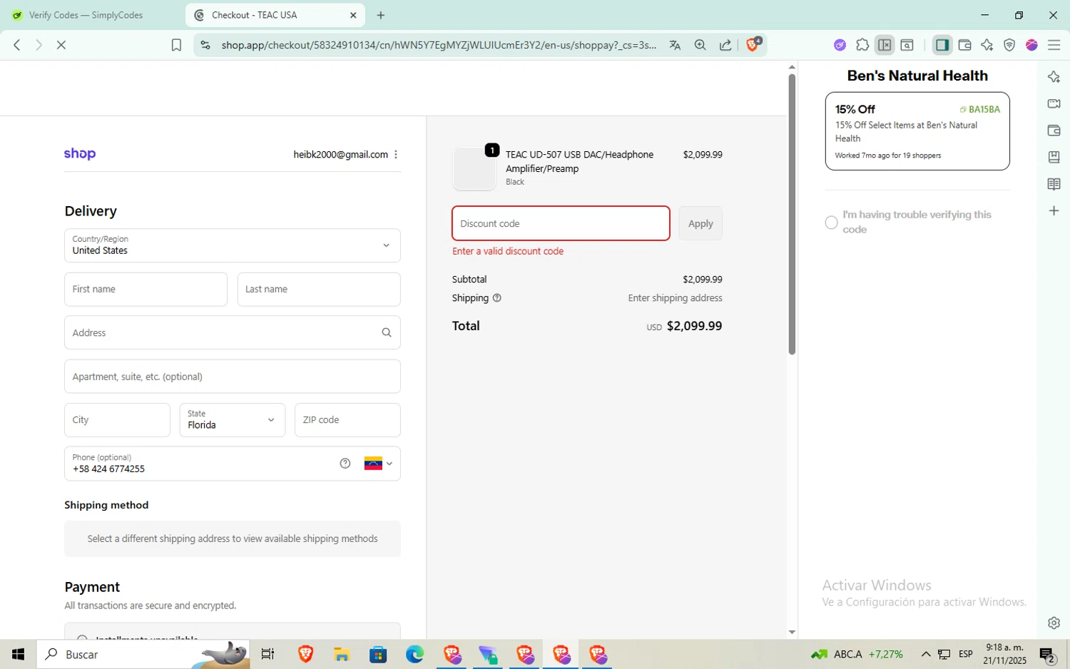 TEAC USA promo code screenshot showing code SAVE10 applied at TEAC USA checkout page. Uploaded by SimplyCodes community member aaaaaaaaaaaaaaa on Nov 21, 2025