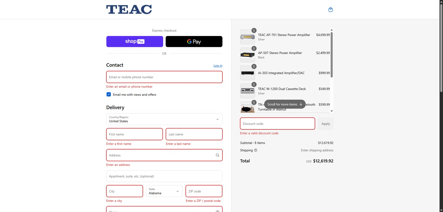 TEAC USA promo code screenshot showing code 10OFF applied at TEAC USA checkout page. Uploaded by SimplyCodes community member VictoriousBoss8742 on Aug 21, 2025