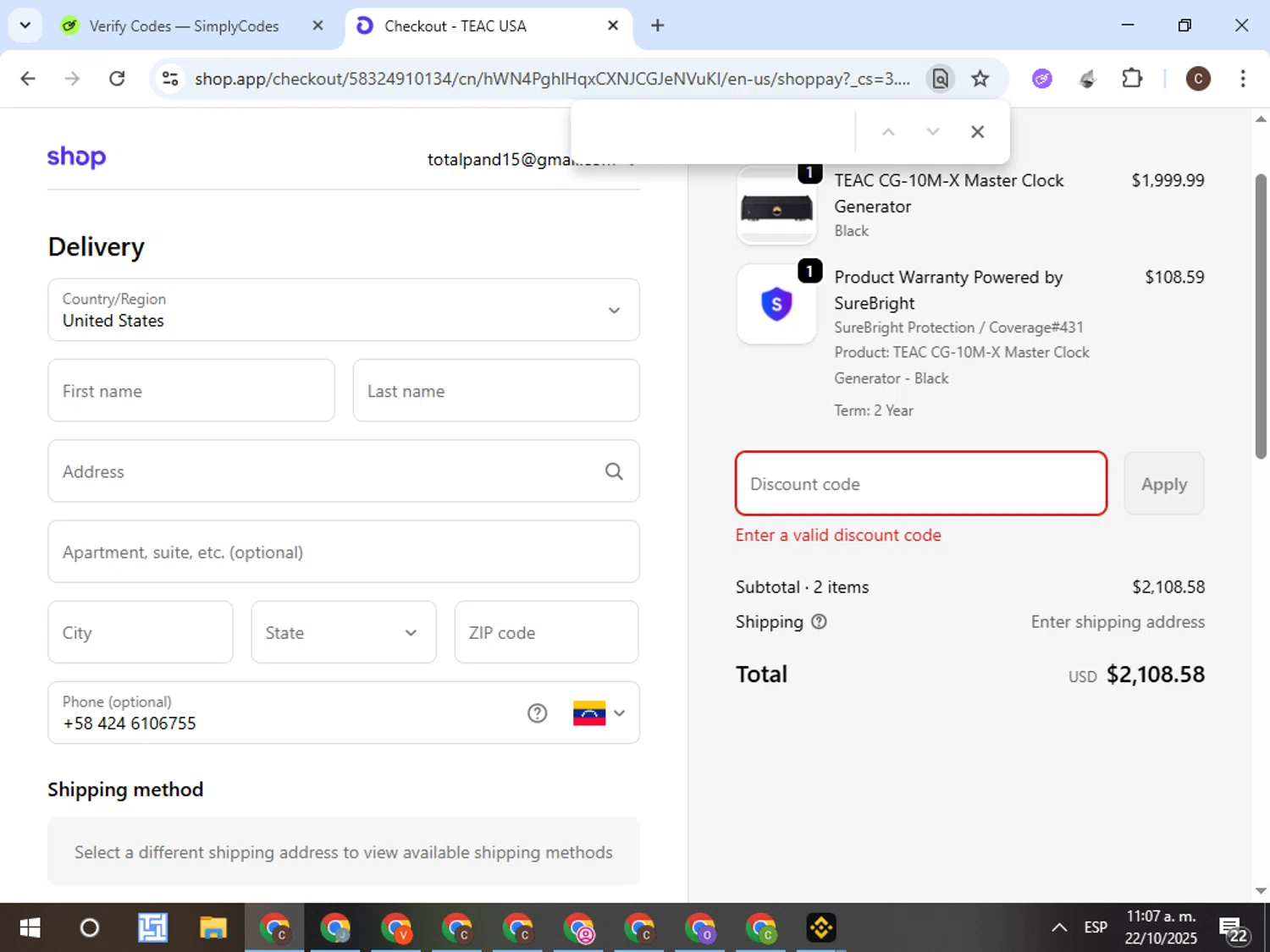 TEAC USA promo code screenshot showing code FALL15 applied at TEAC USA checkout page. Uploaded by SimplyCodes community member VictorL on Oct 22, 2025