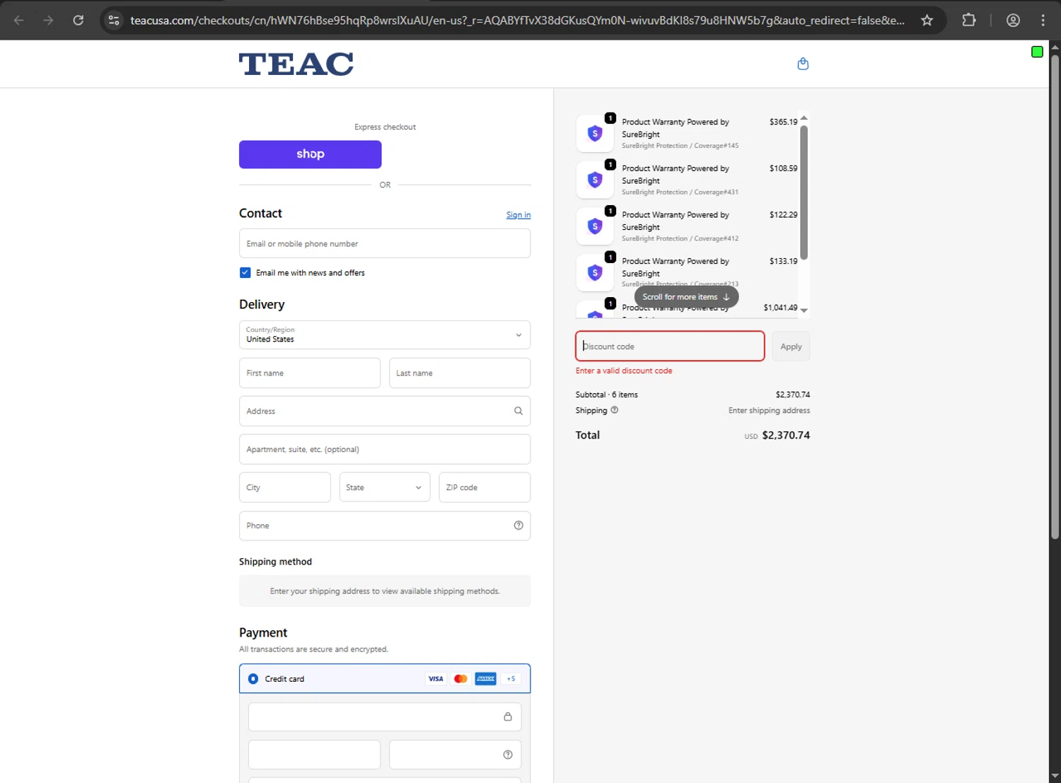 TEAC USA promo code screenshot showing code TEACBF2025 applied at TEAC USA checkout page. Uploaded by SimplyCodes community member gokuyvegetta on Jan 1, 2026
