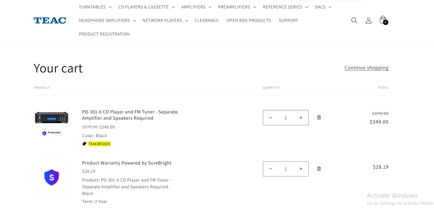 TEAC USA promo code screenshot showing code TEACBF2025 applied at TEAC USA checkout page. Uploaded by SimplyCodes community member Lioniel on Nov 25, 2025