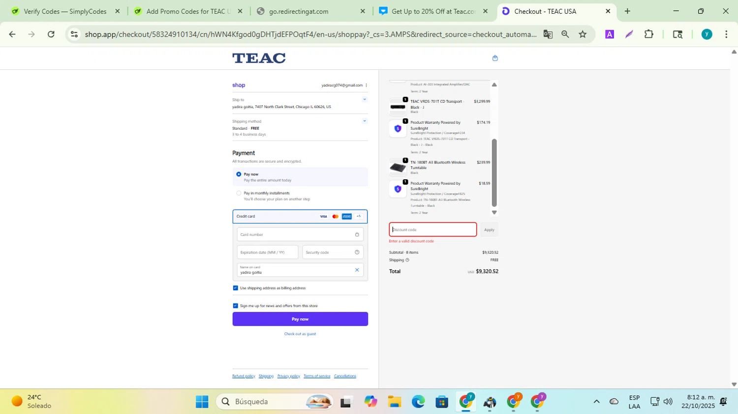 TEAC USA promo code screenshot showing code FALL15 applied at TEAC USA checkout page. Uploaded by SimplyCodes community member yadiracg074 on Oct 22, 2025