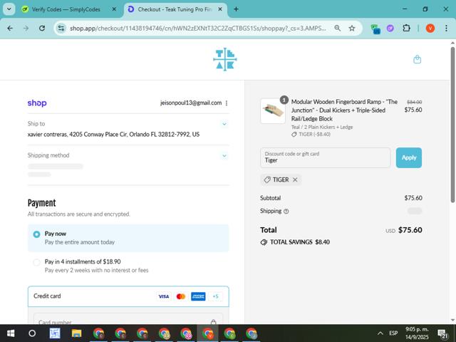 Teak Tuning checkout page showing Teak Tuning discount code box | Screenshot taken by SimplyCodes community member on Sep 15, 2025