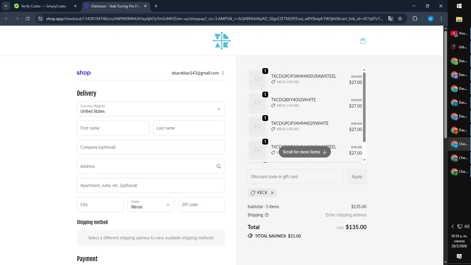 Teak Tuning promo code screenshot showing code KECK applied at Teak Tuning checkout page. Uploaded by SimplyCodes community member Cynoxx on Feb 20, 2026