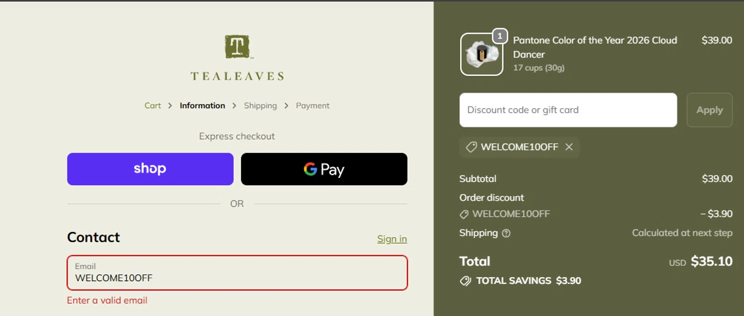 Tea Leaves promo code screenshot showing code WELCOME10OFF applied at Tea Leaves checkout page. Uploaded by SimplyCodes community member danielgonzalez5 on Feb 3, 2026