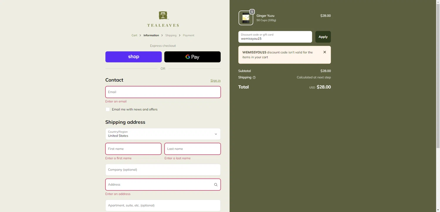 Tea Leaves promo code screenshot showing code wemissyou15 applied at Tea Leaves checkout page. Uploaded by SimplyCodes community member ScanRanger3503 on Oct 29, 2025