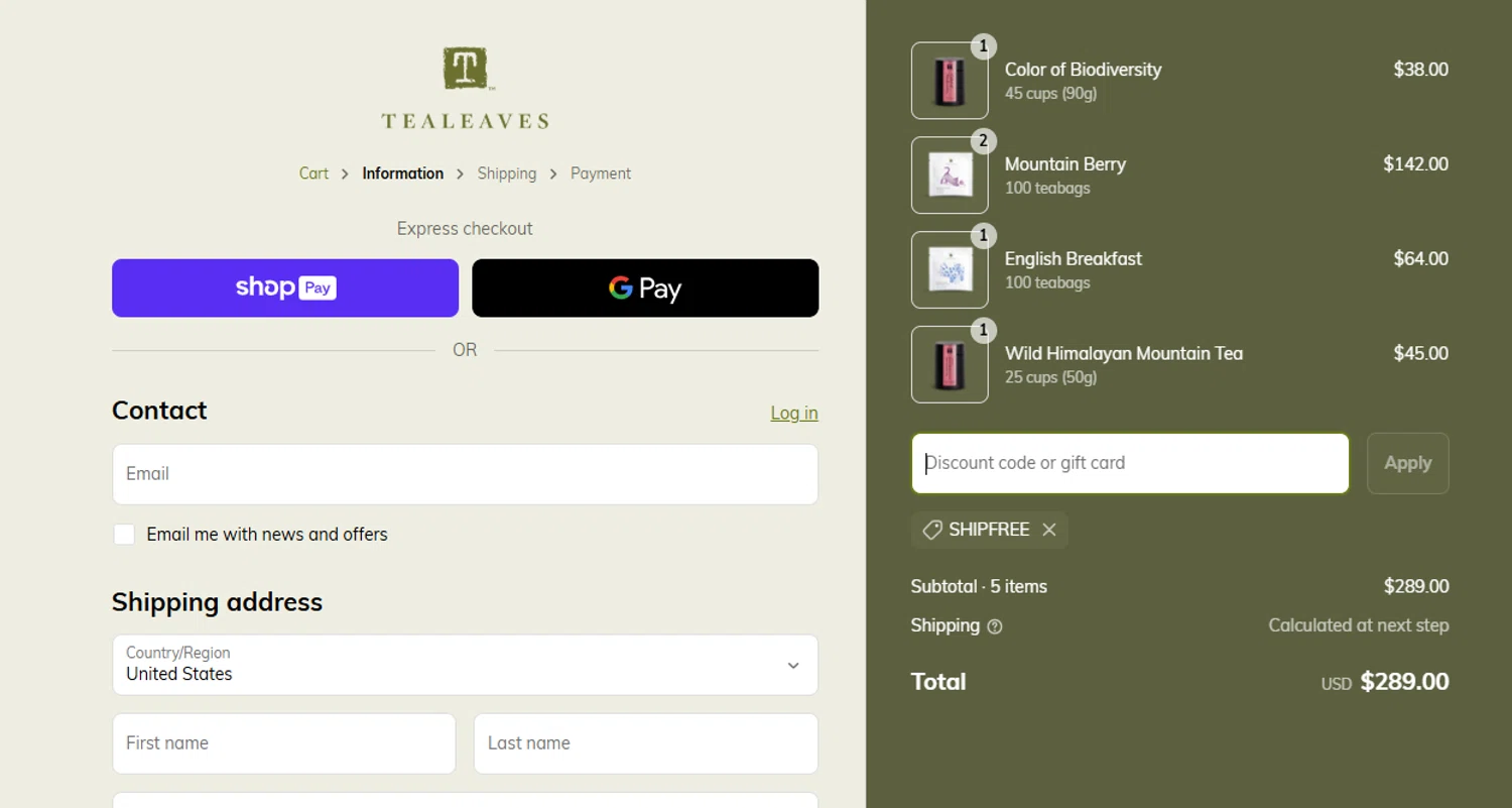 Tea Leaves promo code screenshot showing code SHIPFREE applied at Tea Leaves checkout page. Uploaded by SimplyCodes community member Aryel86 on Apr 17, 2025