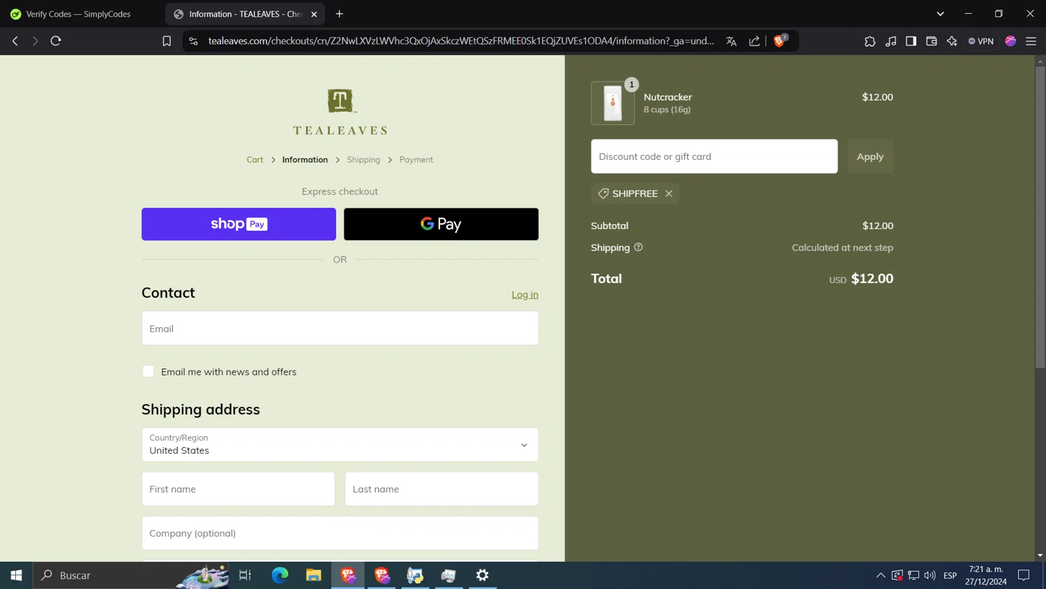 Tea Leaves promo code screenshot showing code SHIPFREE applied at Tea Leaves checkout page. Uploaded by SimplyCodes community member kkkkkkkkkkkkkkkkkkkk on Dec 27, 2024