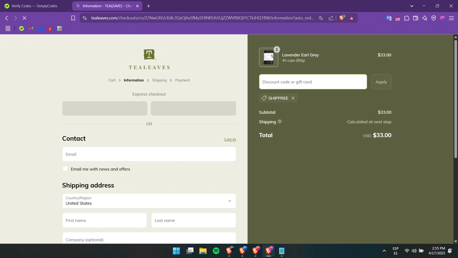 Tea Leaves promo code screenshot showing code SHIPFREE applied at Tea Leaves checkout page. Uploaded by SimplyCodes community member luigii on Apr 17, 2025