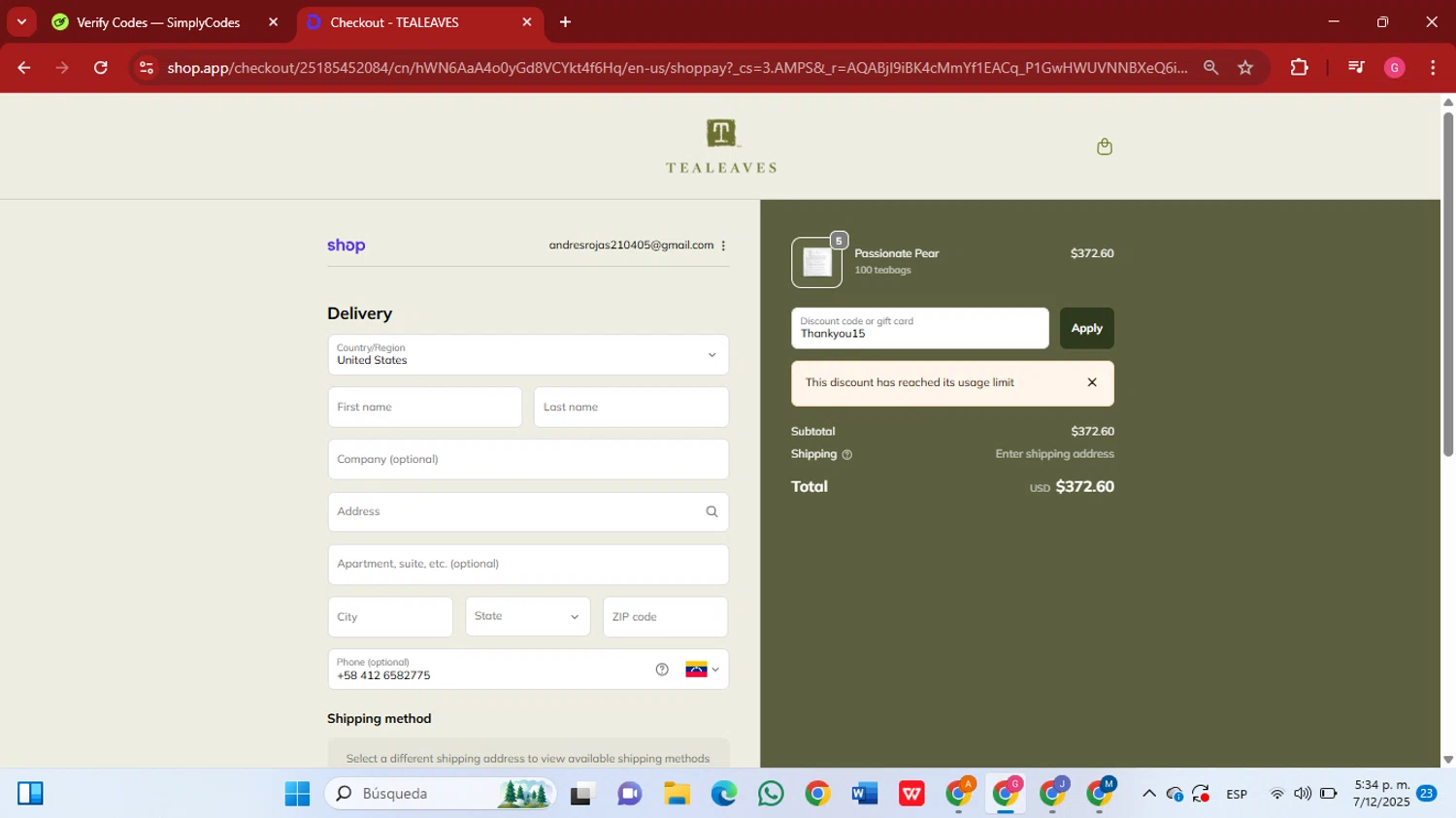 Tea Leaves promo code screenshot showing code Thankyou15 applied at Tea Leaves checkout page. Uploaded by SimplyCodes community member GGGilbert on Dec 7, 2025