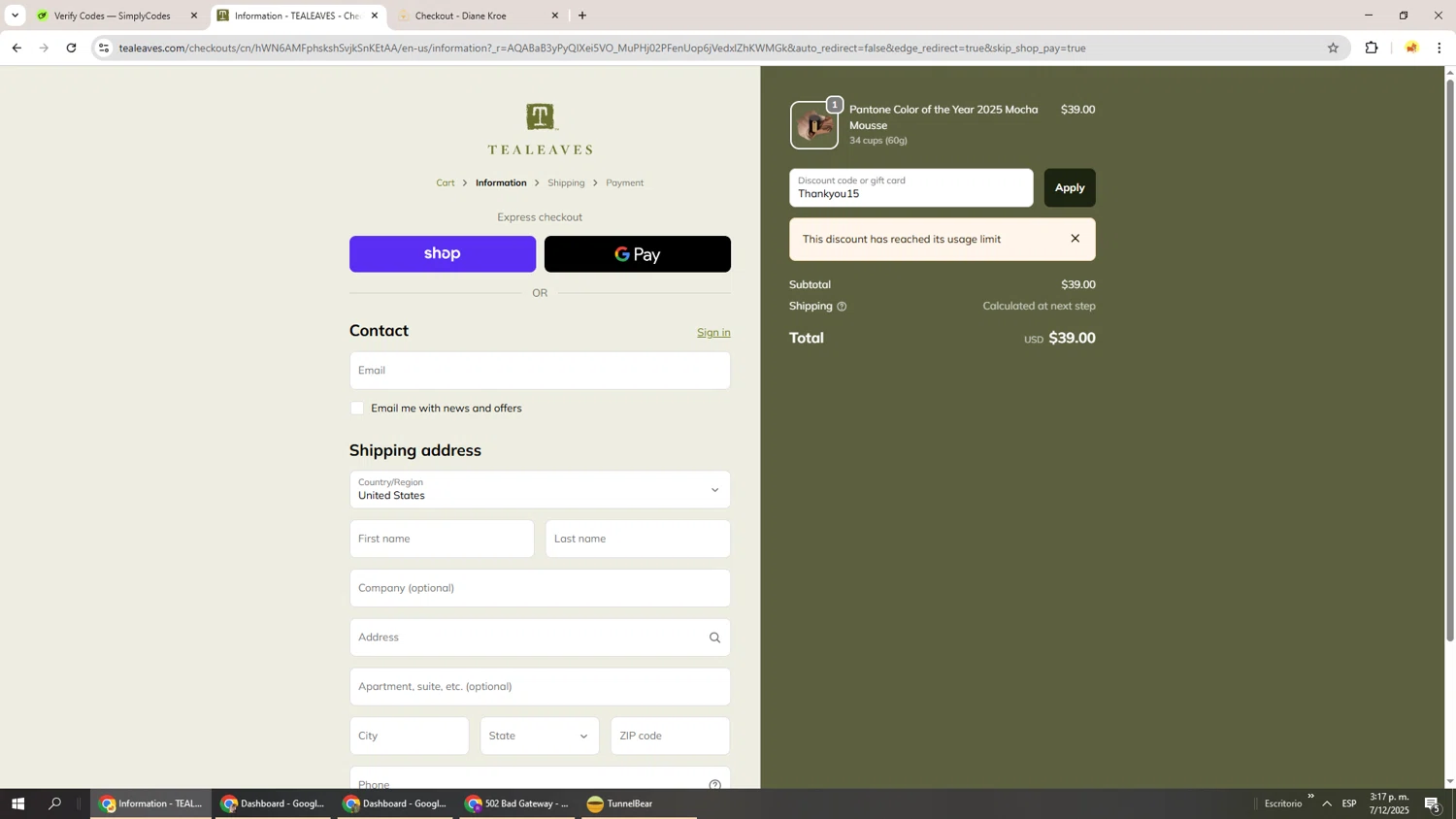 Tea Leaves promo code screenshot showing code Thankyou15 applied at Tea Leaves checkout page. Uploaded by SimplyCodes community member Richard251 on Dec 7, 2025