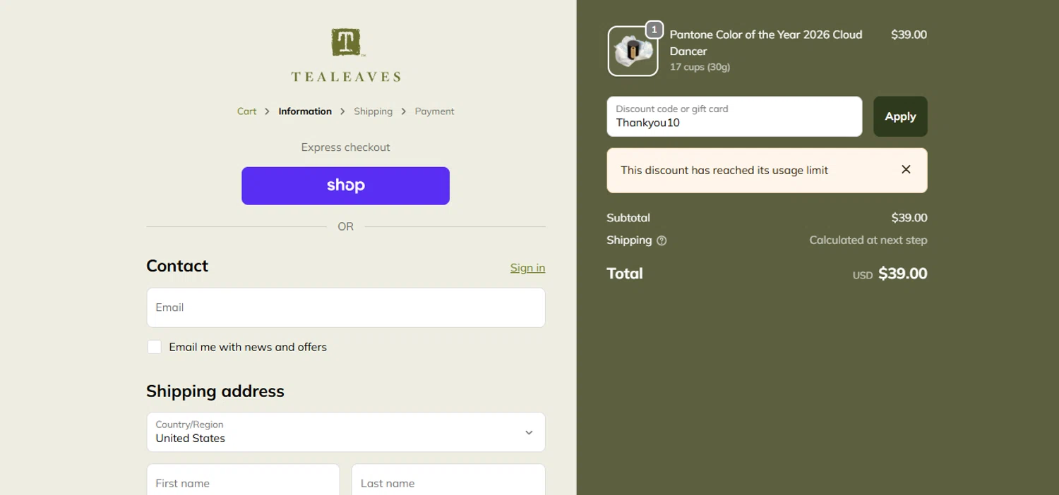 Tea Leaves promo code screenshot showing code Thankyou10 applied at Tea Leaves checkout page. Uploaded by SimplyCodes community member Ester_0044 on Dec 13, 2025