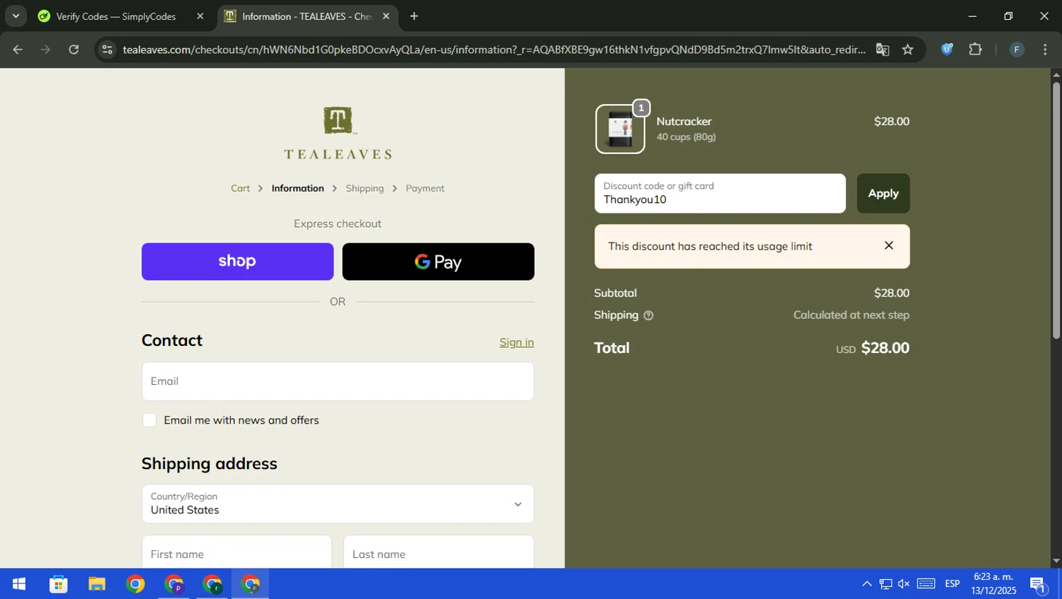 Tea Leaves promo code screenshot showing code Thankyou10 applied at Tea Leaves checkout page. Uploaded by SimplyCodes community member pajarito on Dec 13, 2025