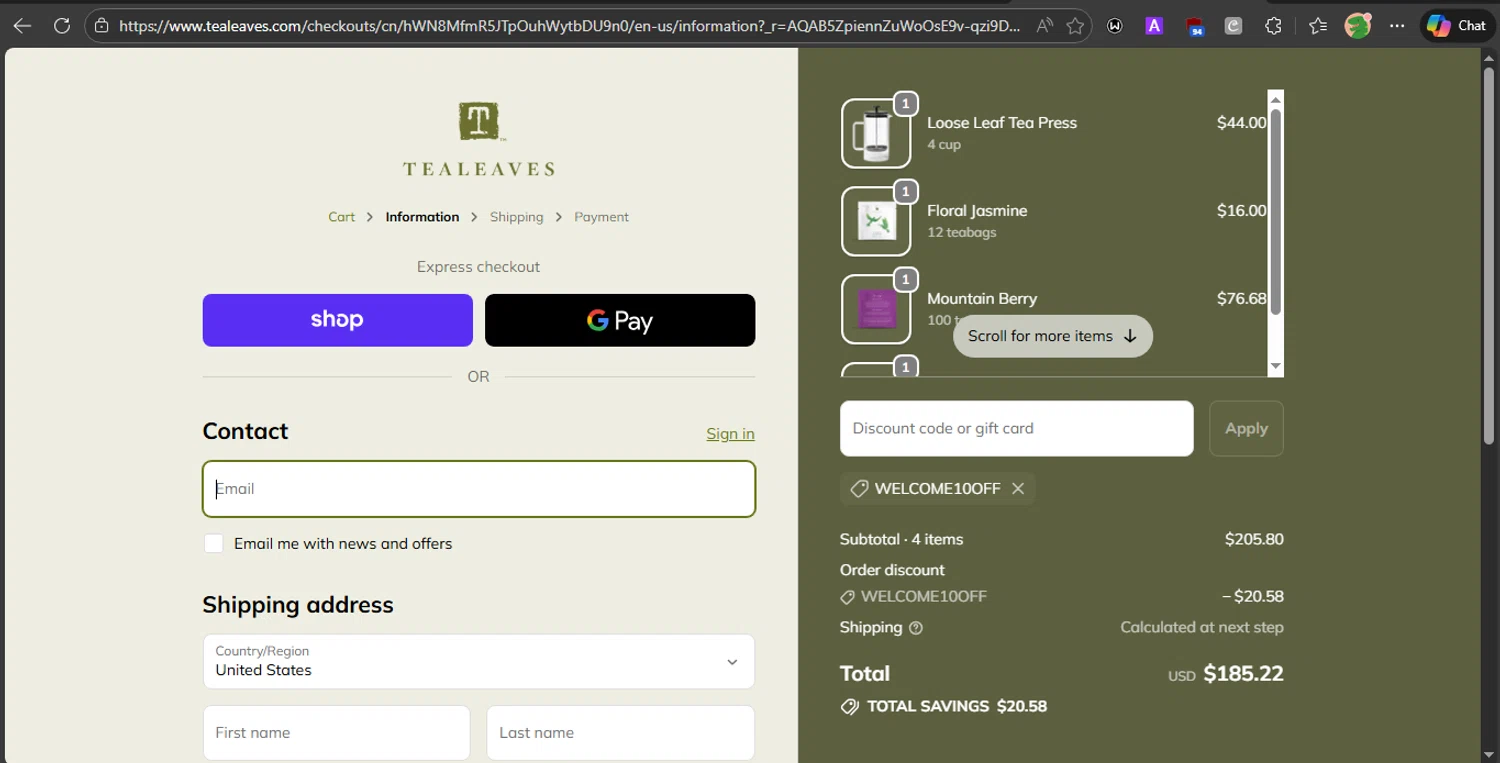 Tea Leaves promo code screenshot showing code WELCOME10OFF applied at Tea Leaves checkout page. Uploaded by SimplyCodes community member PrincessCoupon on Feb 3, 2026