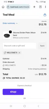 WELCOME70 coupon verification screenshot