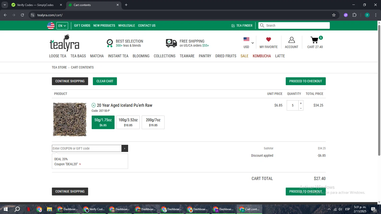 TeaLyra coupon code screenshot showing code DEAL20 applied at TeaLyra checkout page. Uploaded by SimplyCodes community member FrugalCaptain6906 on Nov 2, 2025