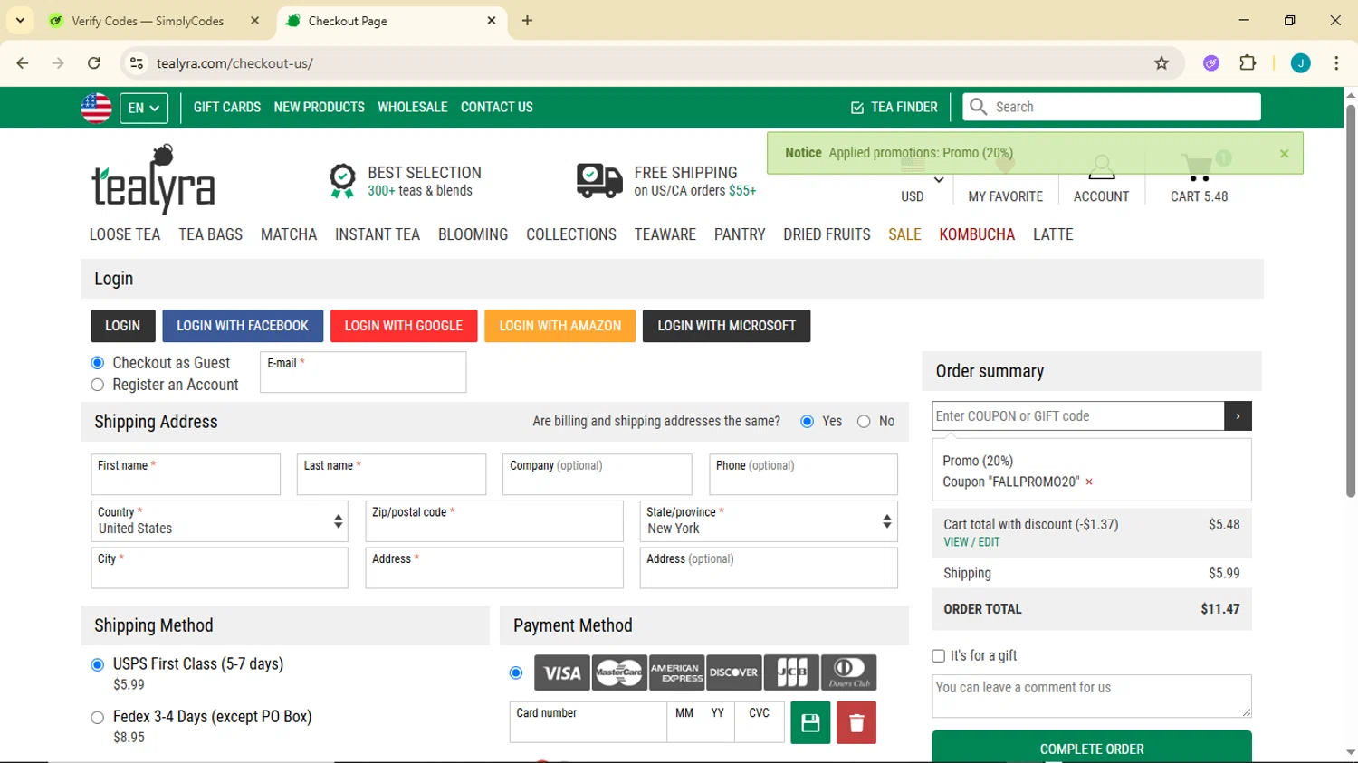 TeaLyra coupon code screenshot showing code FALLPROMO20 applied at TeaLyra checkout page. Uploaded by SimplyCodes community member GoldDefender3268 on Nov 2, 2025