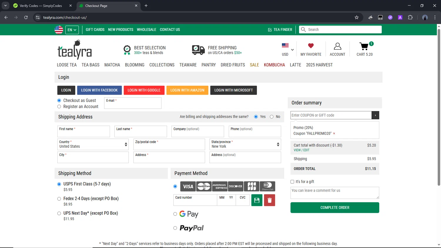 TeaLyra coupon code screenshot showing code FALLPROMO20 applied at TeaLyra checkout page. Uploaded by SimplyCodes community member Time_sin_filtro on Jun 7, 2025