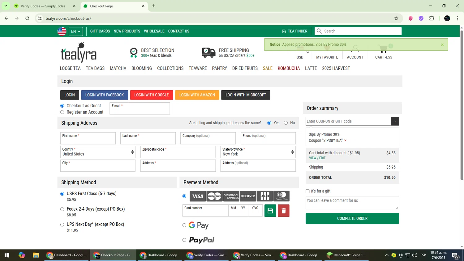 TeaLyra coupon code screenshot showing code SIPSBYTEA applied at TeaLyra checkout page. Uploaded by SimplyCodes community member CarmenVGR on Jun 7, 2025