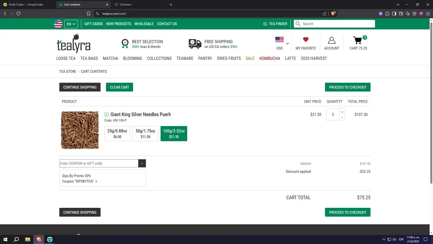 TeaLyra coupon code screenshot showing code SIPSBYTEA applied at TeaLyra checkout page. Uploaded by SimplyCodes community member Machi005 on Jun 21, 2025