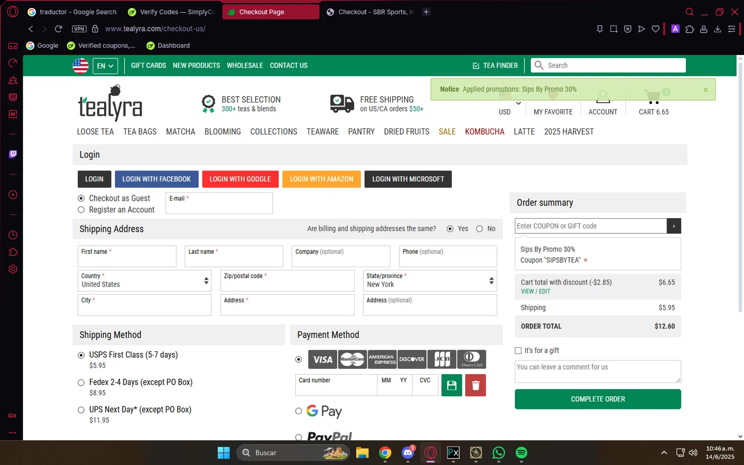 TeaLyra coupon code screenshot showing code SIPSBYTEA applied at TeaLyra checkout page. Uploaded by SimplyCodes community member PrimeVirtuoso9679 on Jun 14, 2025
