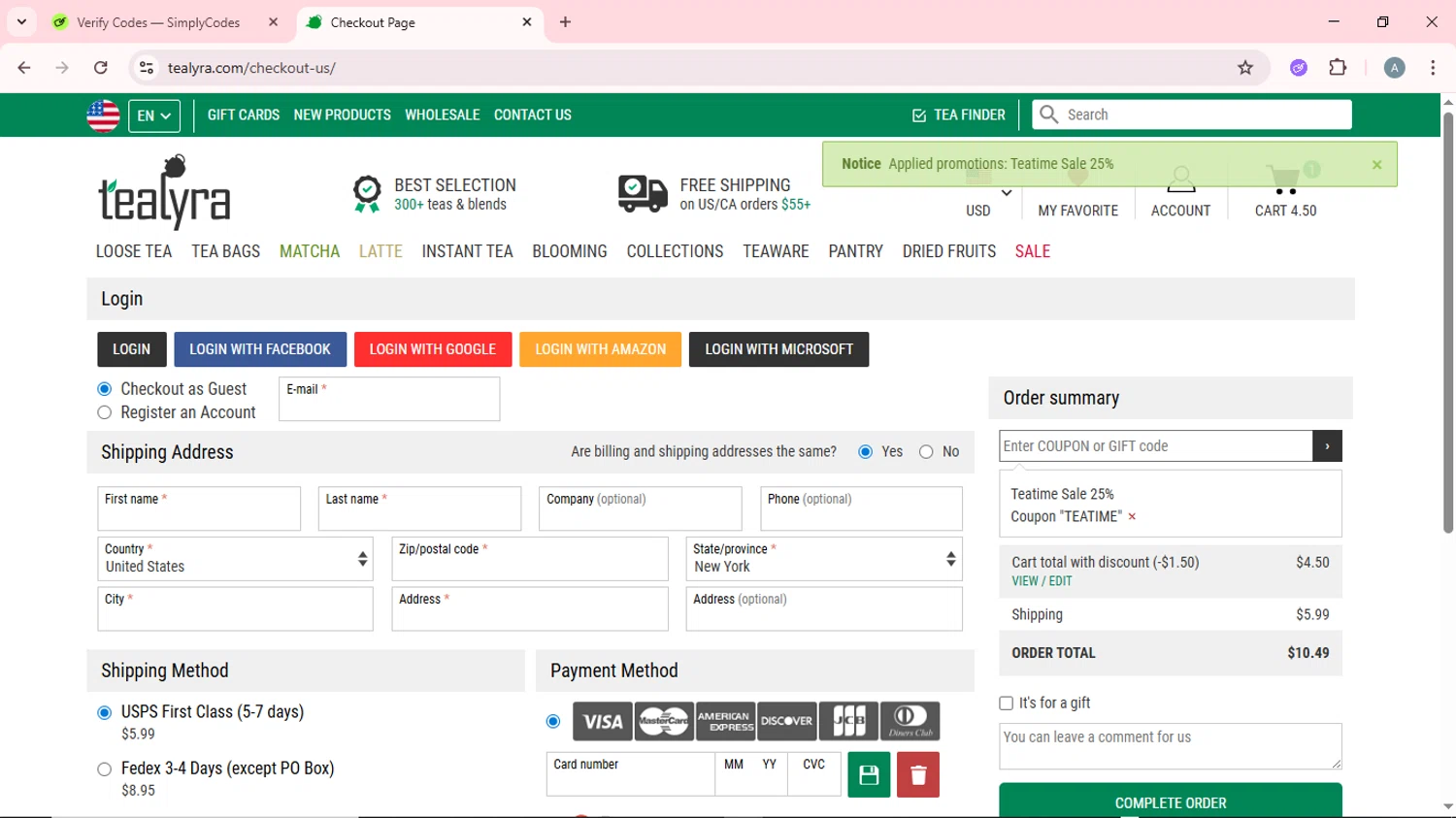 TeaLyra checkout page showing TeaLyra coupon code box | Screenshot taken by SimplyCodes community member on Jan 22, 2026