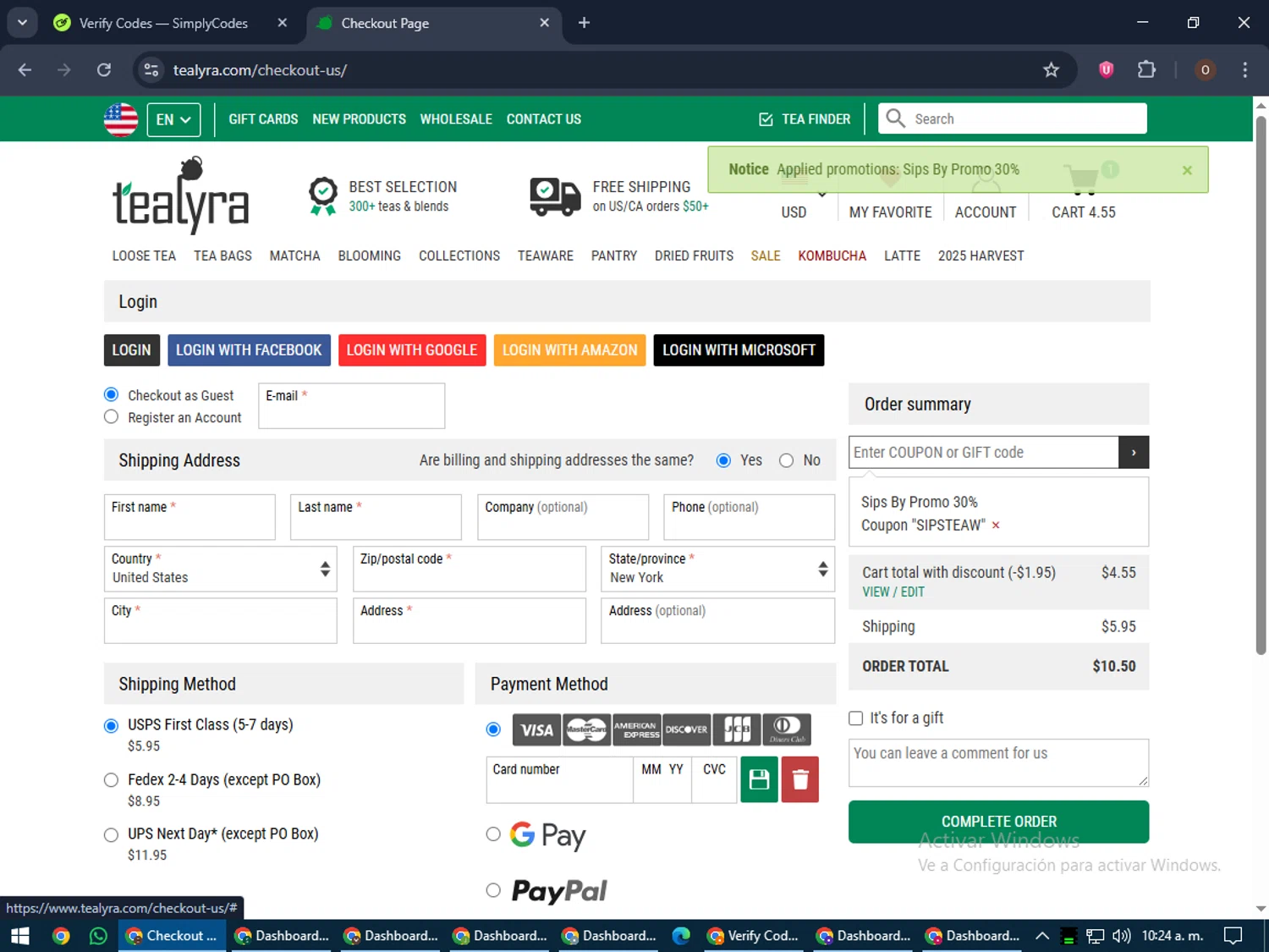 TeaLyra coupon code screenshot showing code SIPSTEAW applied at TeaLyra checkout page. Uploaded by SimplyCodes community member Legendar on Jun 7, 2025