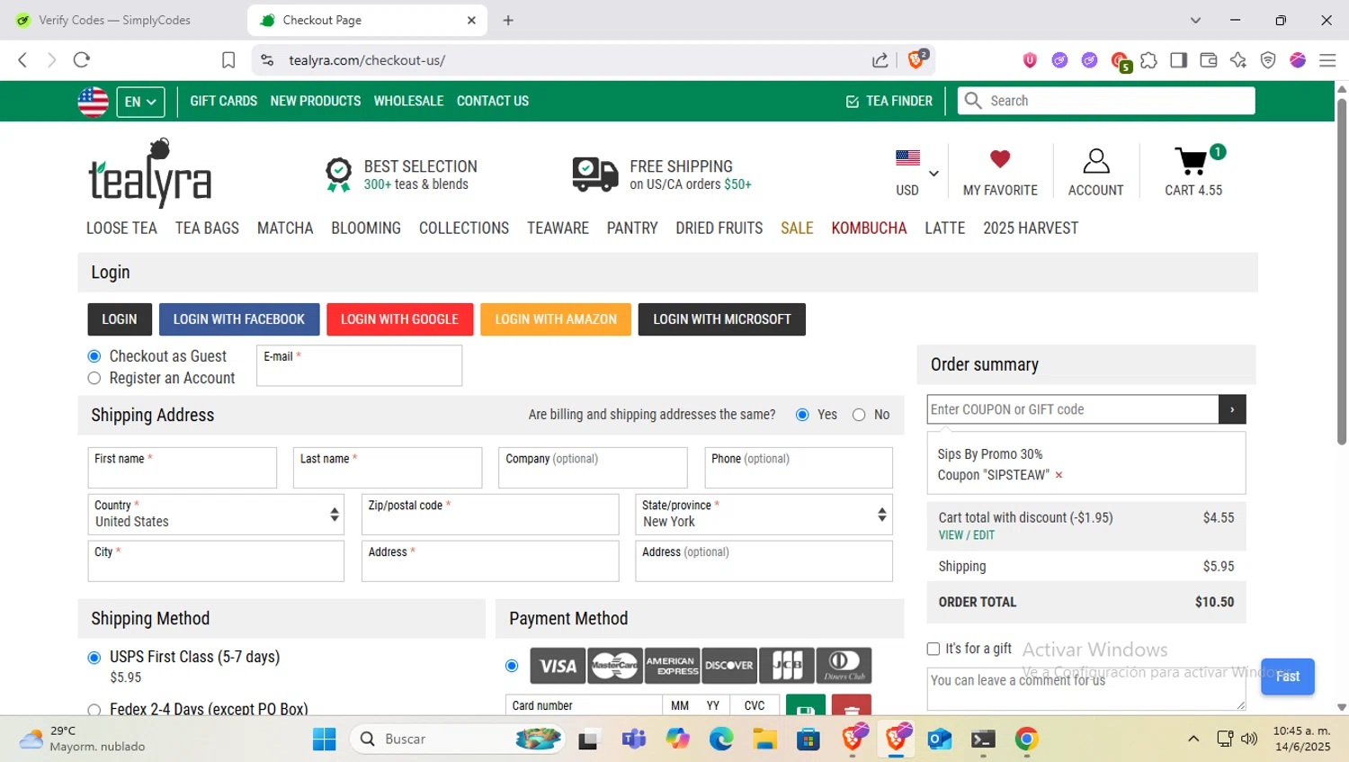 TeaLyra coupon code screenshot showing code SIPSTEAW applied at TeaLyra checkout page. Uploaded by SimplyCodes community member SapeGato on Jun 14, 2025