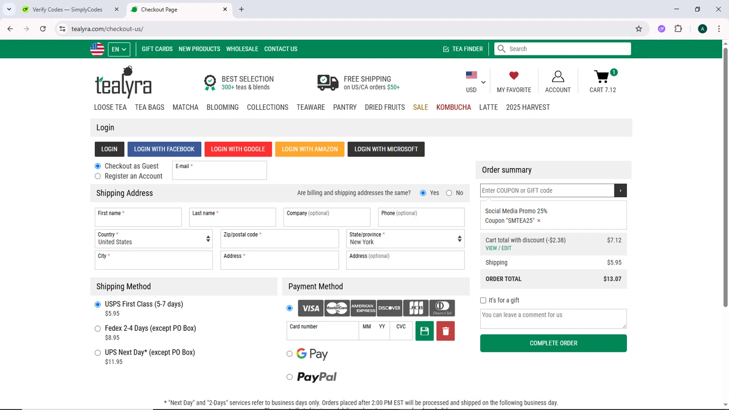 TeaLyra coupon code screenshot showing code SMTEA25 applied at TeaLyra checkout page. Uploaded by SimplyCodes community member DiscountCurator2907 on Jun 7, 2025